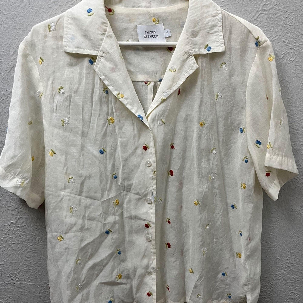 Things Between silky embroidered button down shirt